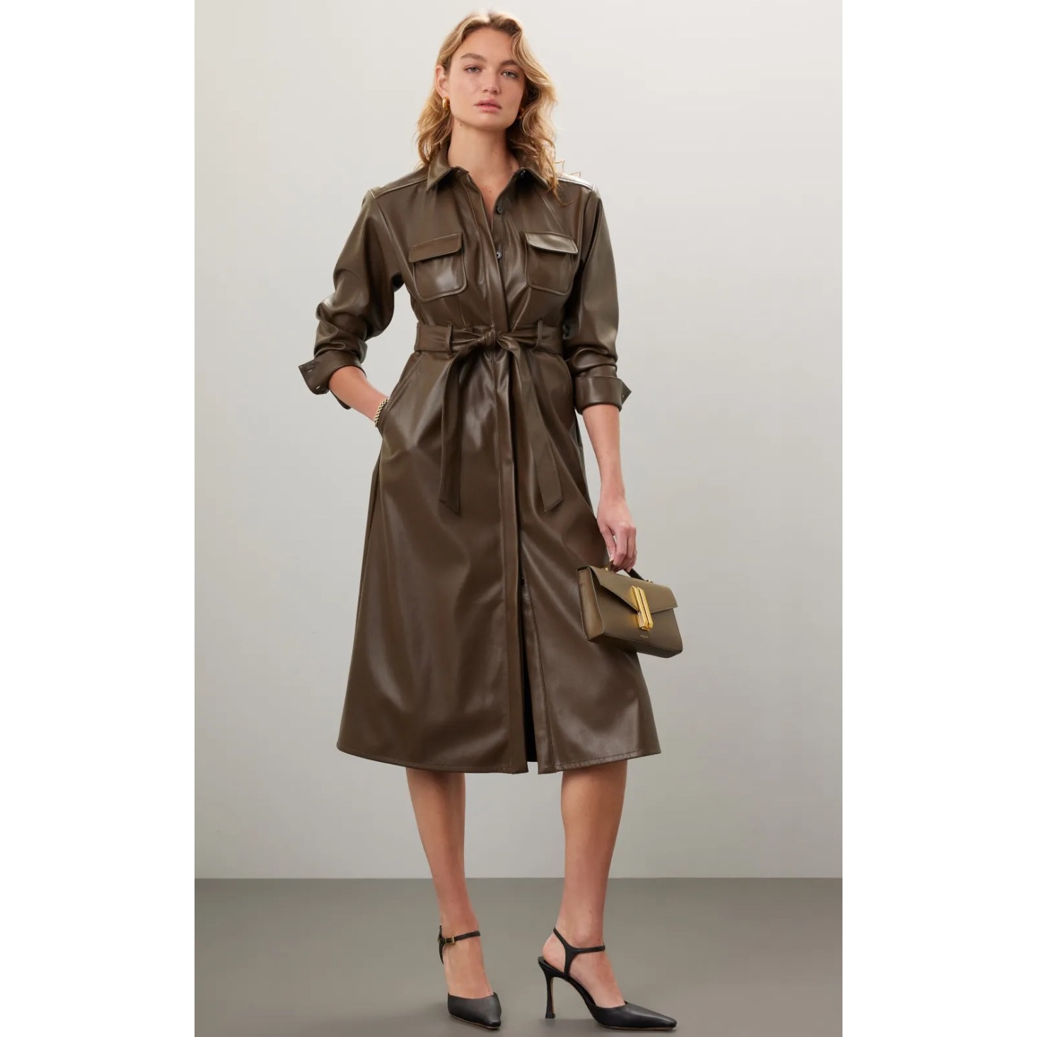 Marissa Webb Collective Faux Leather Shirt Dress Olive Green Size 8 Career